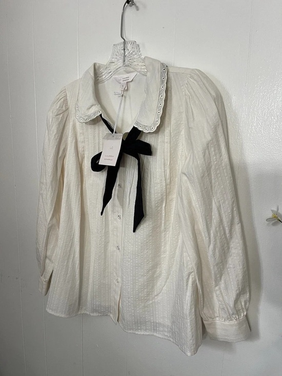 LC Lauren Conrad Tops - LC Lauren Conrad Ivory Button-Front Eyelet Collar Blouse with Black Bow